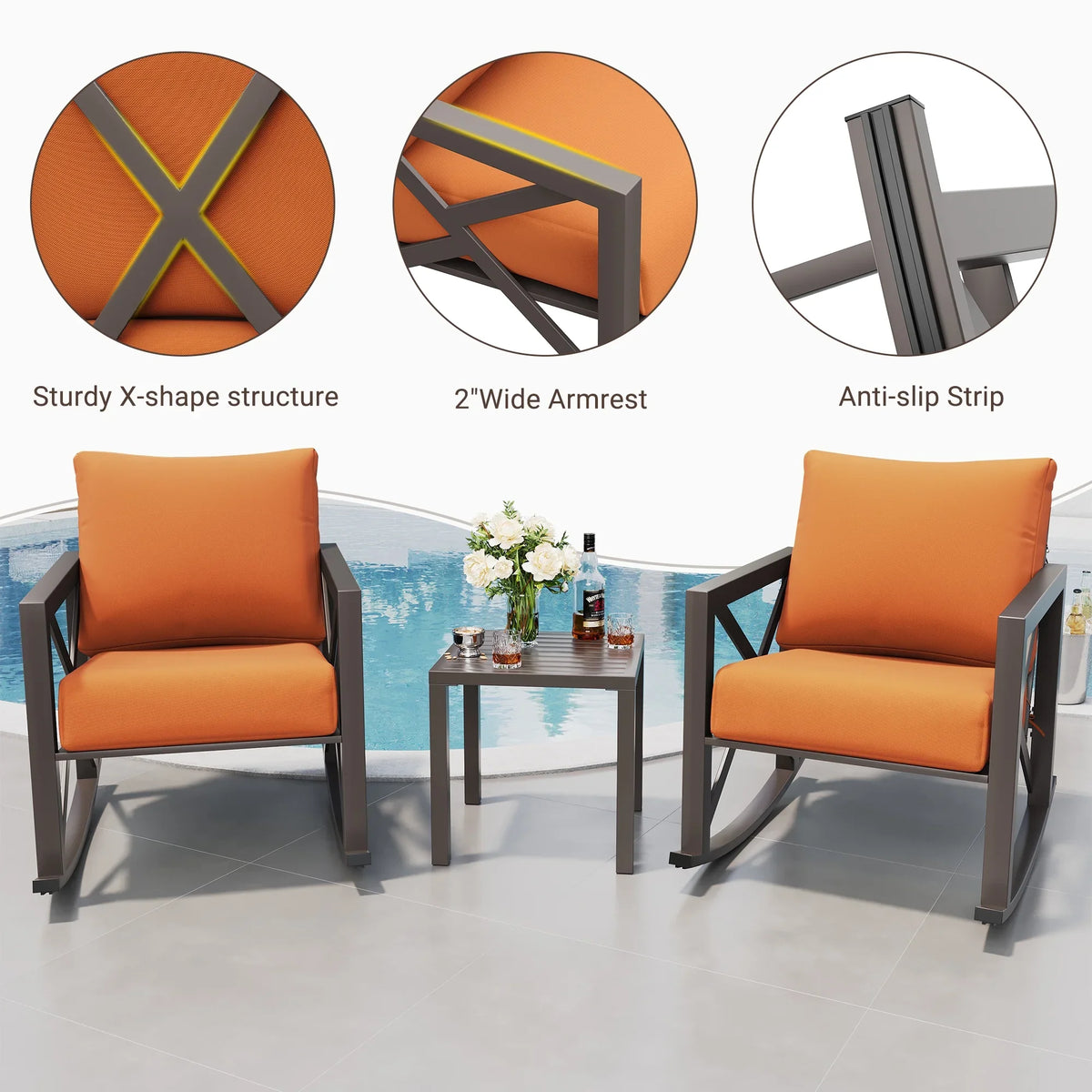 2026 NewMRUAKA Rocking Chair Bistro Set,3 Piece Outdoor Patio Furniture Set with 2 Rockers and 1 Metal Coffee Table with Thick Cushions for Porch,Backyard,Poolside,Beige