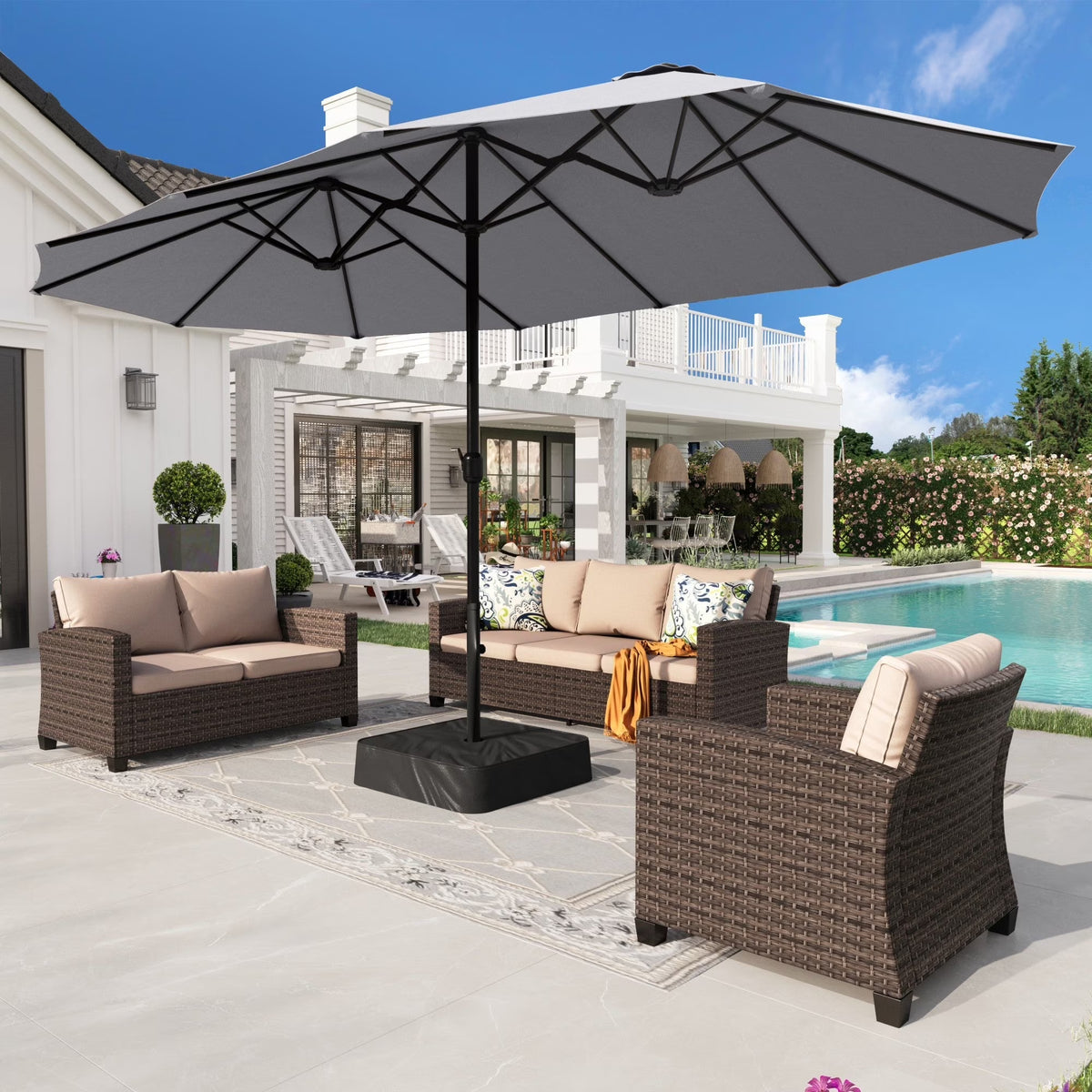 2026 NewAlpha Joy 15ft Outdoor Patio Umbrella Extra-Large Double-Sided Garden Umbrella with Crank Handle and Base - Smoky Gray