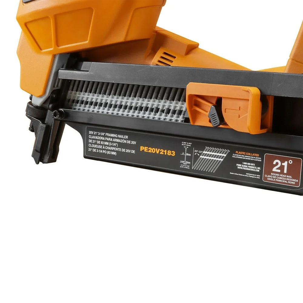 Freeman PE20V2183 20 Volt Cordless and Brushless 21 Degree 3-1/4" Framing Nailer Kit with Lithium Ion Battery, Charger, and Bag -C 750 Shots per Charge