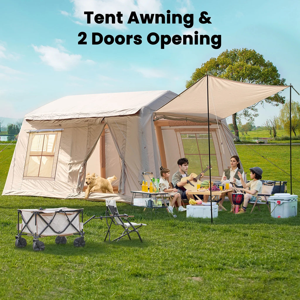Slsy 4-6 Person Inflatable Camping Tents with Hand Pump & Carry Bag, Air Glamping Tents, Easy Setup Waterproof Windproof Blow up Tent, 4 Seasons Oxford Cabin Tent with Mesh & Chimney Window