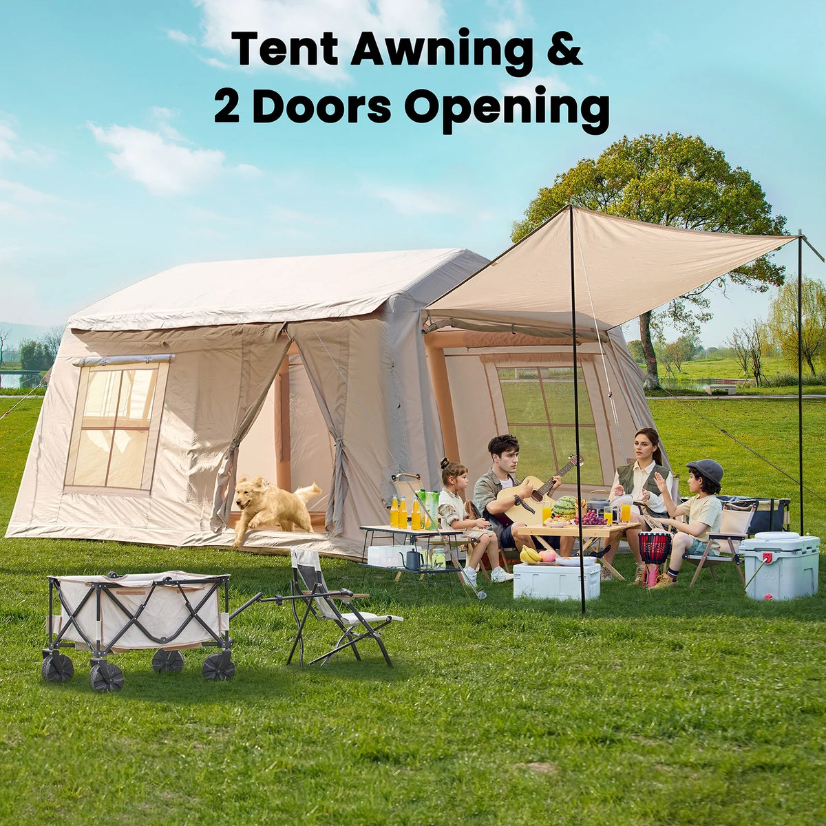 Slsy 4-6 Person Inflatable Camping Tents with Hand Pump & Carry Bag, Air Glamping Tents, Easy Setup Waterproof Windproof Blow up Tent, 4 Seasons Oxford Cabin Tent with Mesh & Chimney Window