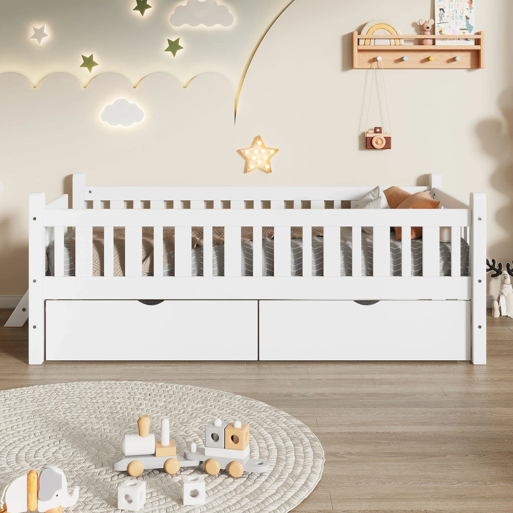 2026 NewEuroco Wood Twin Size Platform Bed with 2 Drawers and Ladder for Kids and Toddlers, White