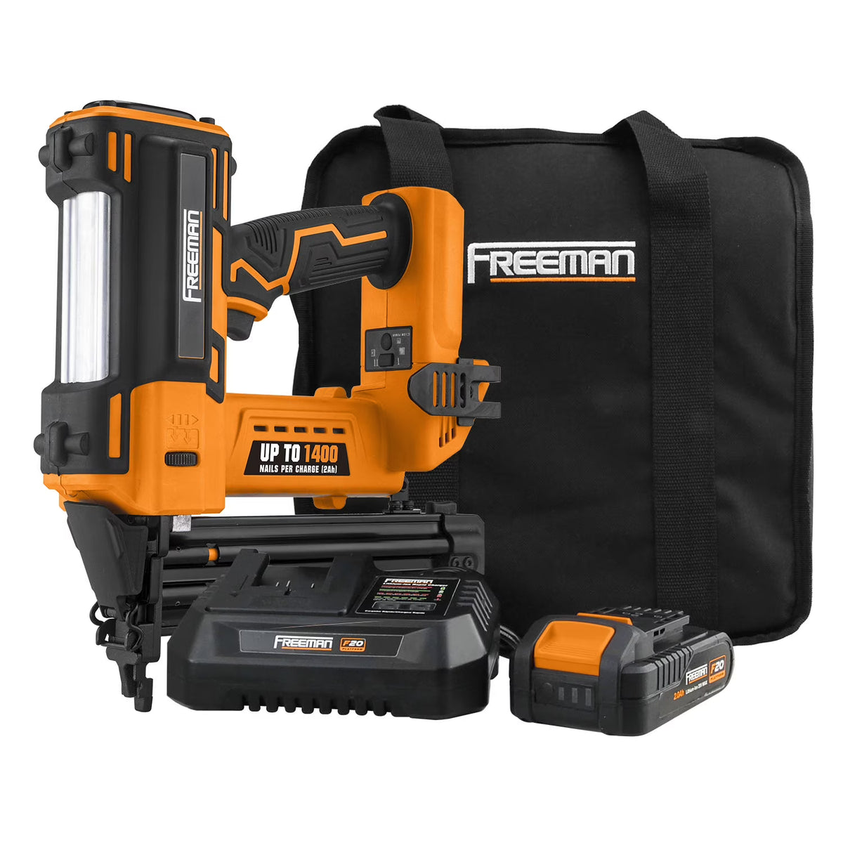 Freeman PE20VBR50 20 Volt Cordless 18-Gauge 2" Brad Nailer Kit with Lithium Ion Battery, Charger, Bag, and Nails (500 Count) -C 1400 Shots per Charge