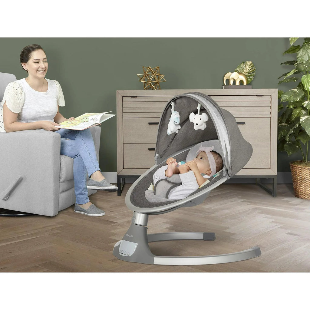 2026 NewDream On Me Zazu Baby Swing. Baby Swing for Infant. 5 - Swinging Speed. Two Attached Toys. Bluetooth Enabled and Remote Control. Grey and Blue