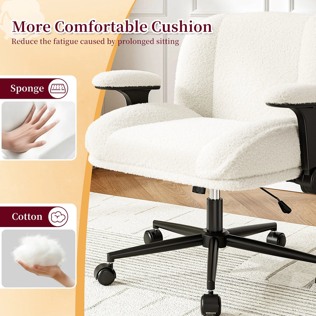 2026 NewRomorgniz Criss Cross Chair with Adjustable Arms & Lumbar Support Office Chair with Reclining Back, Thick Cushion & Wheels for Office, Gaming, Reading, Vanity, Off-White