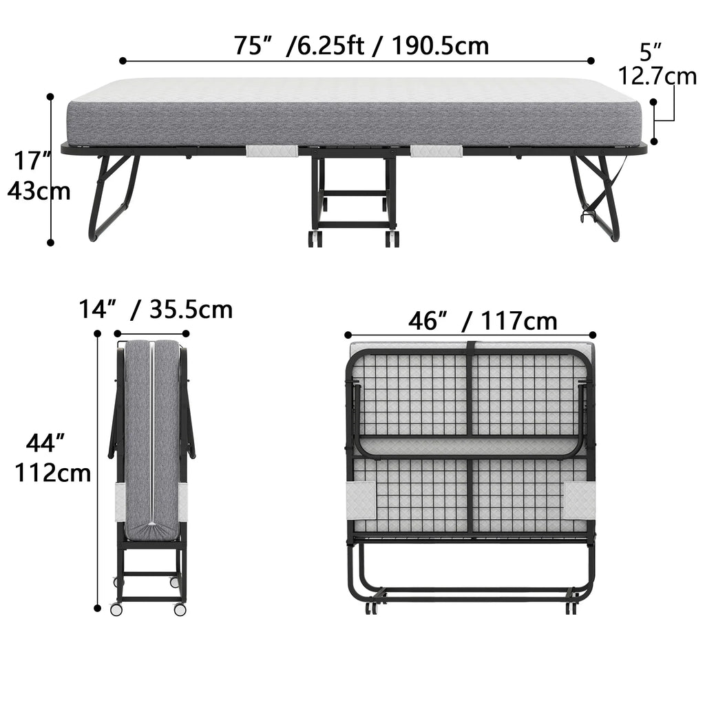2026 NewFolding Bed with Mattress 75" x 31" Cot Size Folded Bed, Rollaway Guest Bed Portable Foldable Extra Bed for Adults Daybed with 5" Memory Foam Mattress Space-Saving Sturdy Metal Grid Frame