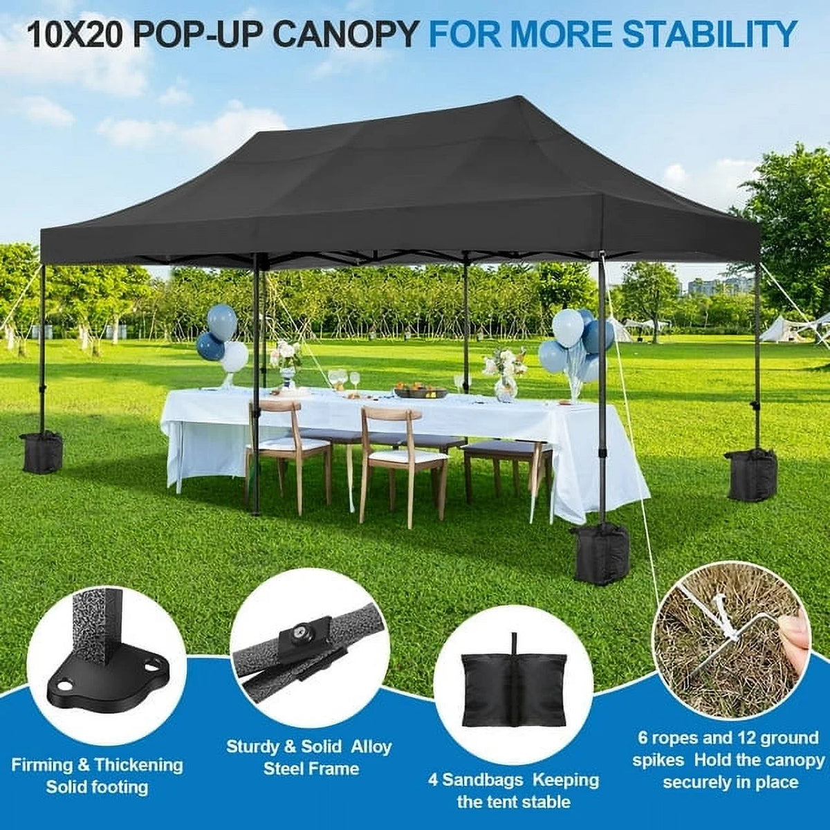 SANOPY 10'x20' Pop Up Canopy Waterproof Folding Tent Outdoor Easy Set-up Instant Tent Heavy Duty Commercial Wedding Party Shelter with 6 Removable Sidewalls, 4 Sandbags, Roller Bag, Black