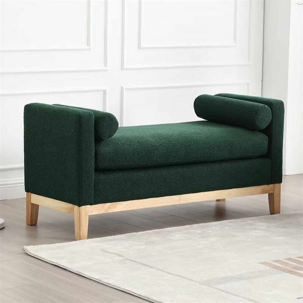 2026 NewEnd of Bed Bench, 53.5" Boucle Fabric Upholstered Entryway Bench with Wood Legs & Bolster Pillows, Rolled Arm Cushioned Ottoman Foot Rest Long Stool Window Extra Seating for Bedroom, Ivory