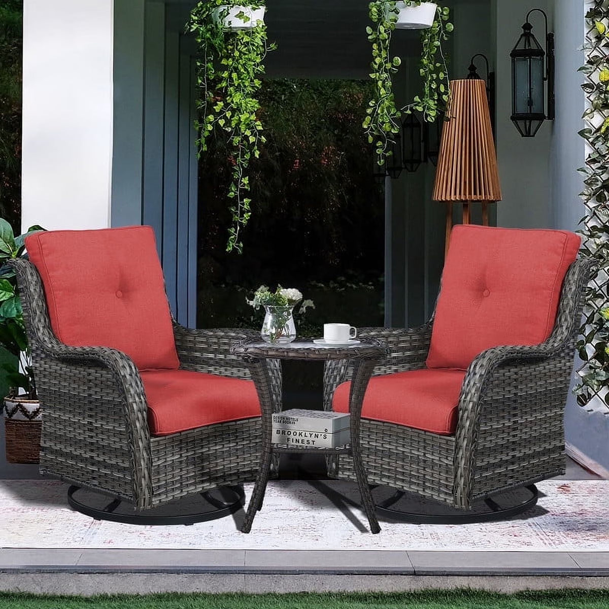 2026 NewPOCASSY 3 Piece Patio Set Outdoor Wicker Glider Rocking and Swivel Chairs with Cushions