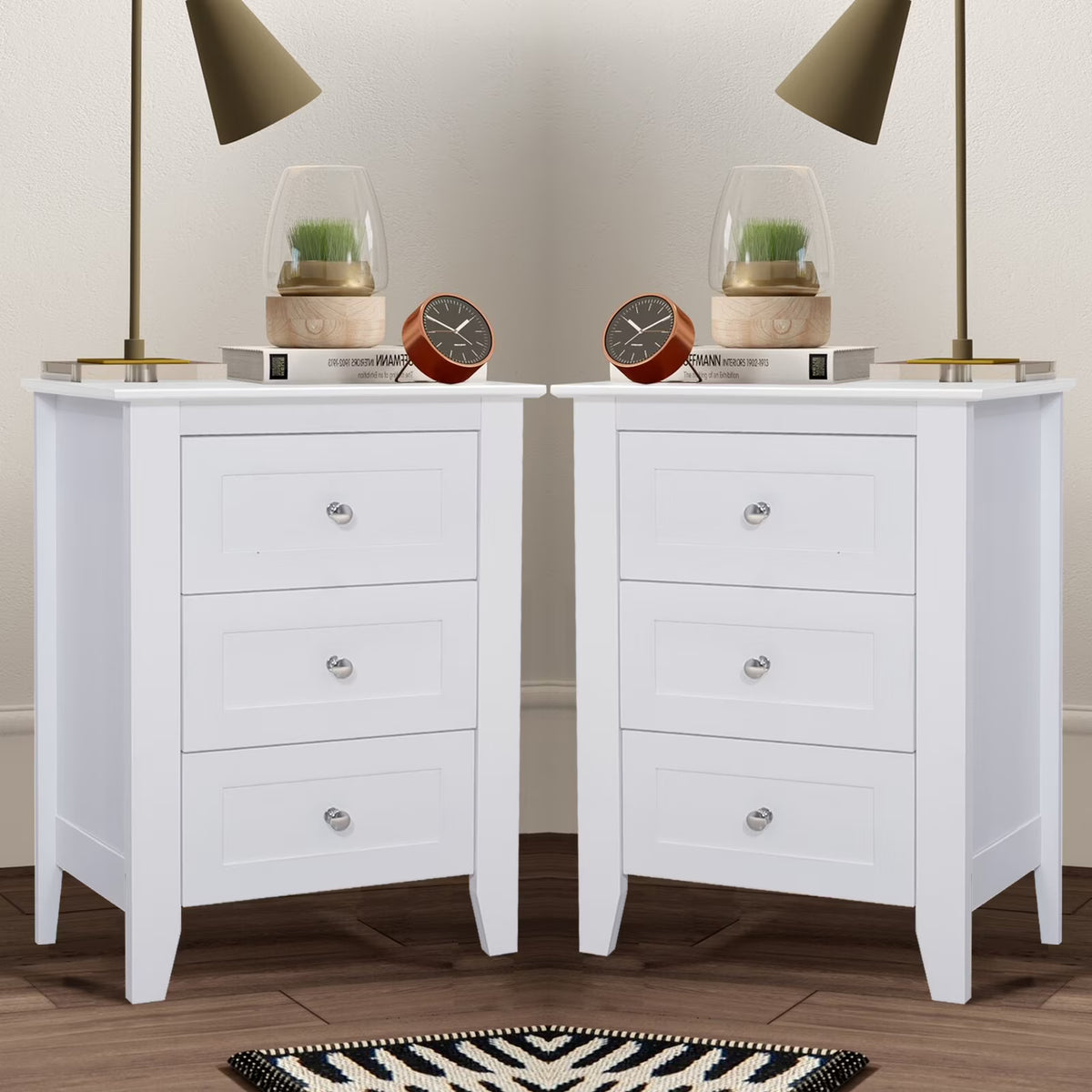 2026 NewGlavbiku Modern White 3 Drawer Nightstand Set of 2 with USB Ports & Power Outlets for Bedrooms,Adult