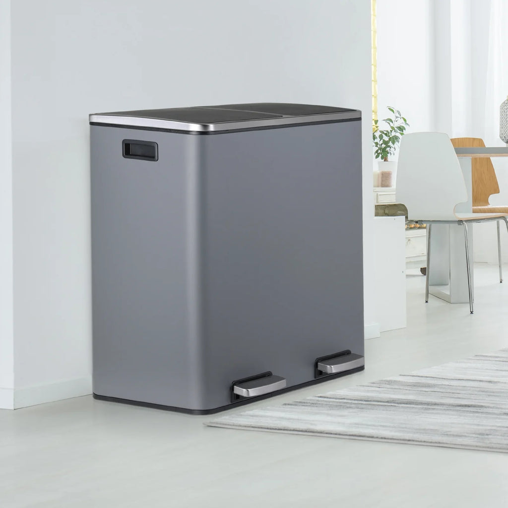 2026 NewLAZY BUDDY Dual Garbage Can, Stainless Steel 16 Gallon Step Kitchen Trash Can with Soft-Close Lid, Double Compartment Garbage Recycling Bin
