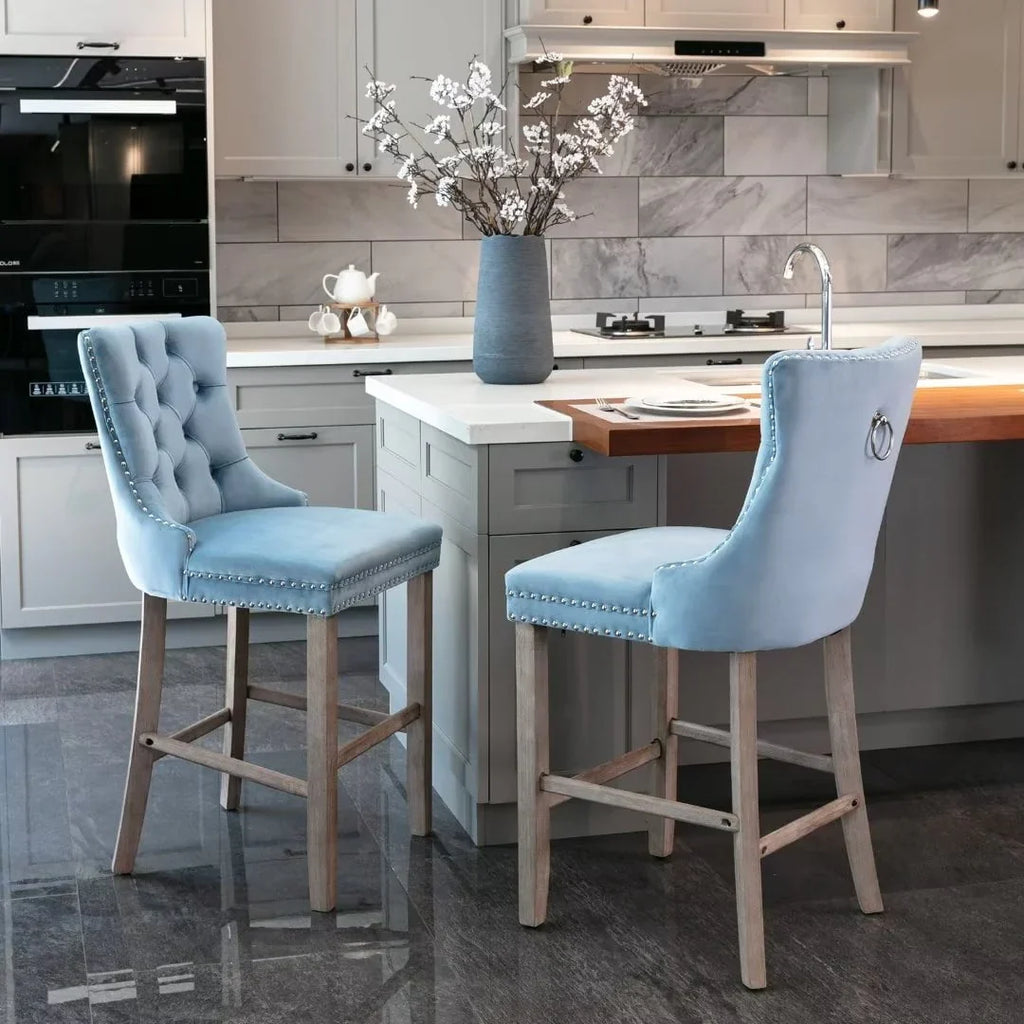 2026 NewVelvet Bar Stools Set of 2, Upholstered Counter Height Bar Chair with Rivet and Button Trim, Bar Stool with Back and Footrest, for Dining Room, Kitchen, Pub, Gray