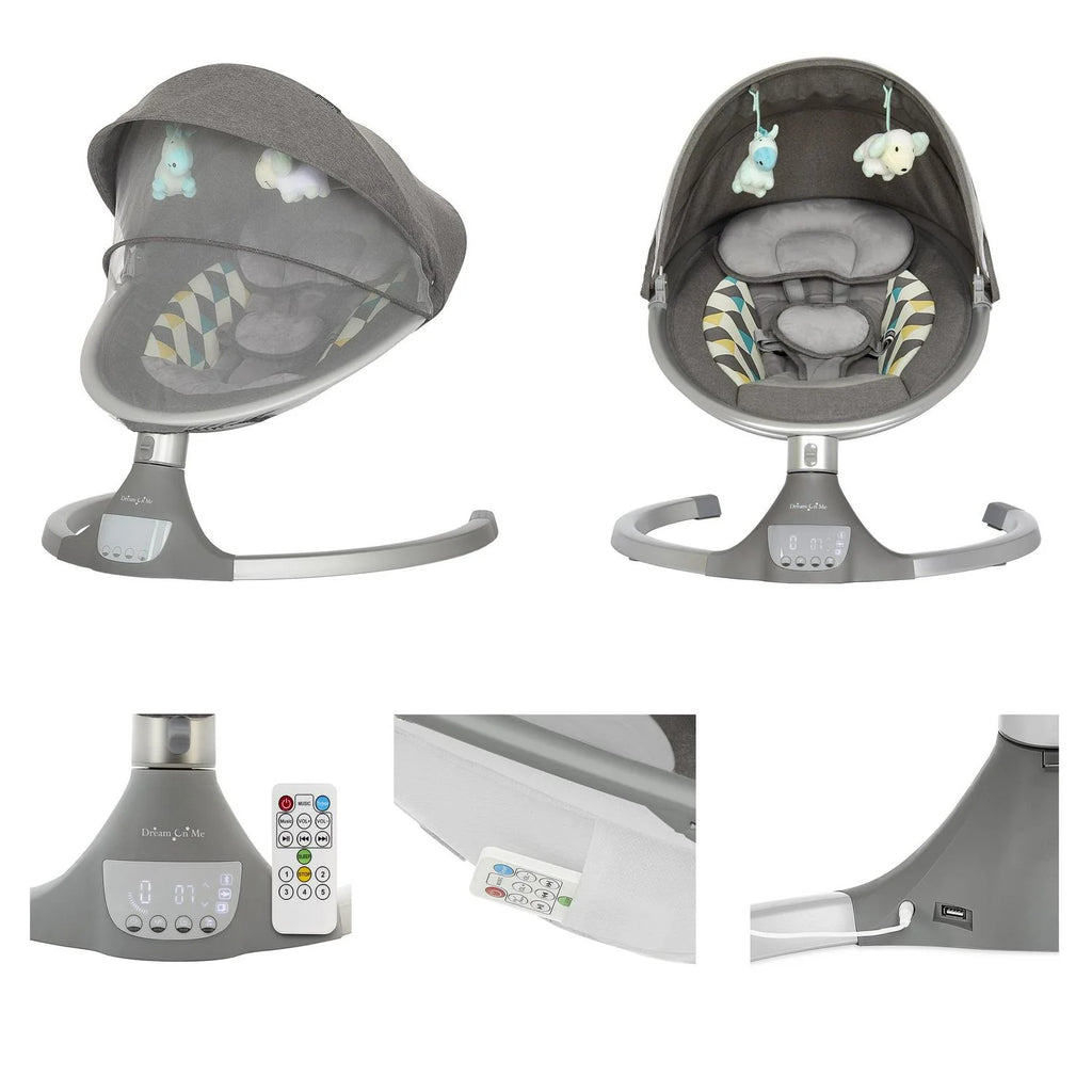 2026 NewDream On Me Zazu Baby Swing. Baby Swing for Infant. 5 - Swinging Speed. Two Attached Toys. Bluetooth Enabled and Remote Control. Grey and Blue