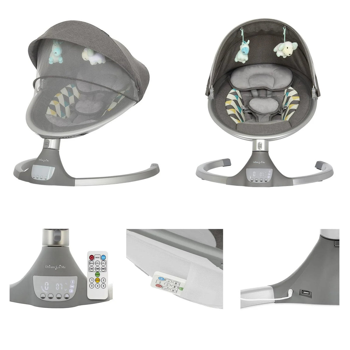 2026 NewDream On Me Zazu Baby Swing. Baby Swing for Infant. 5 - Swinging Speed. Two Attached Toys. Bluetooth Enabled and Remote Control. Grey and Blue