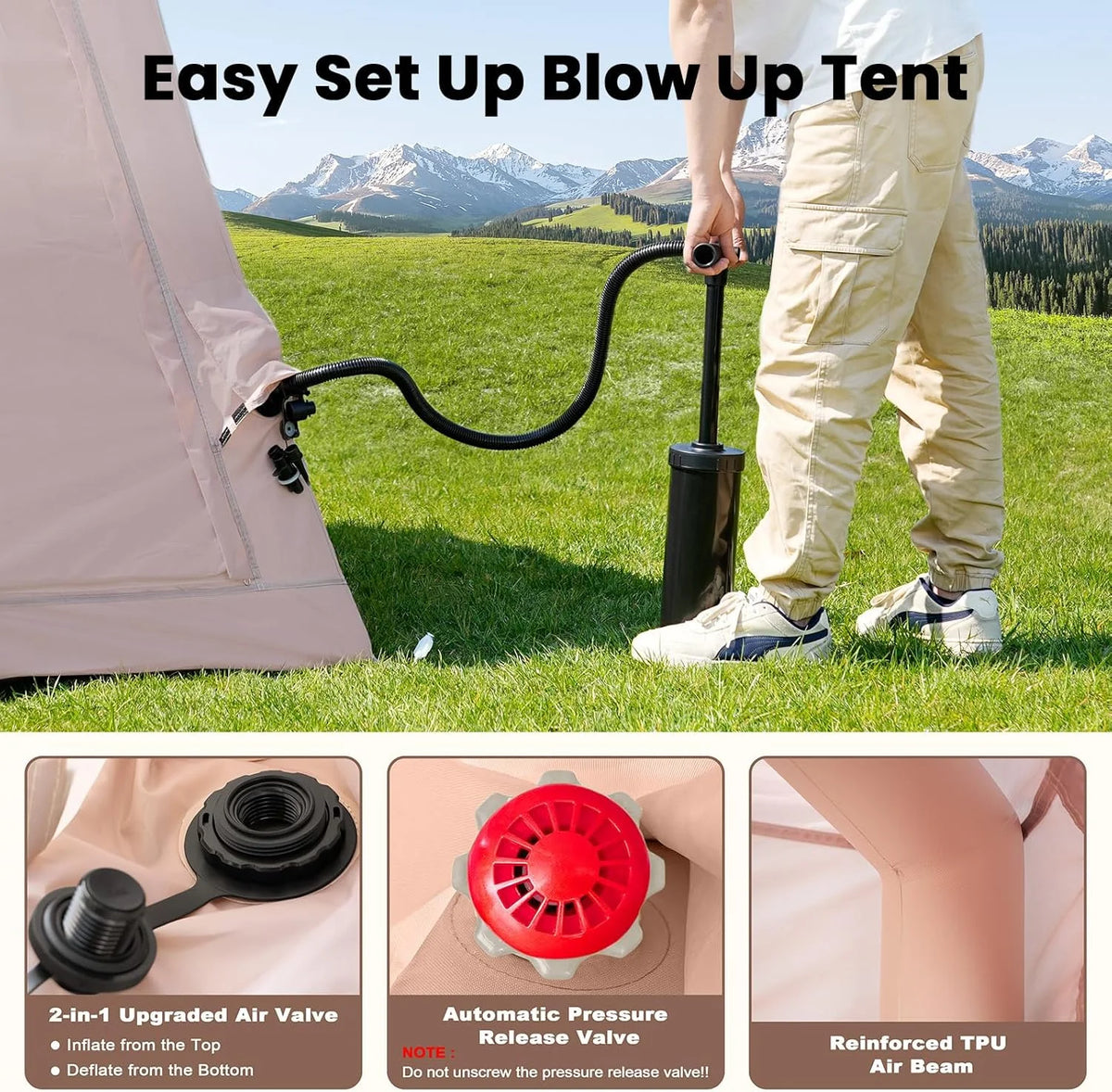 Slsy 4-6 Person Inflatable Camping Tents with Hand Pump & Carry Bag, Air Glamping Tents, Easy Setup Waterproof Windproof Blow up Tent, 4 Seasons Oxford Cabin Tent with Mesh & Chimney Window