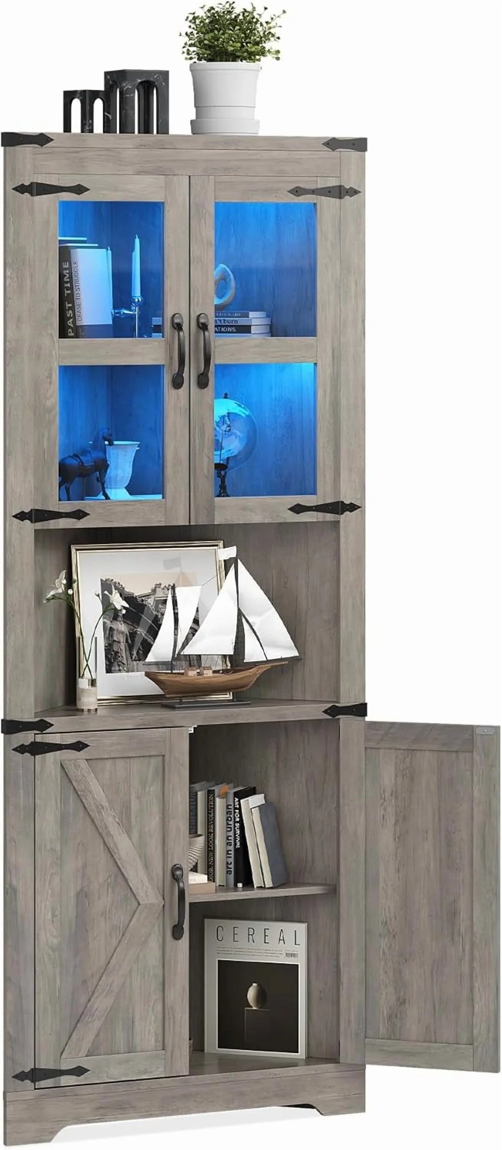 2026 New67" Tall Corner Storage Cabinet with Lights, Farmhouse Corner Hutch Display Cabinet with Glass Doors, Wooden Storage Organizer for Kitchen, Living Room, Bathroom, Washed Grey