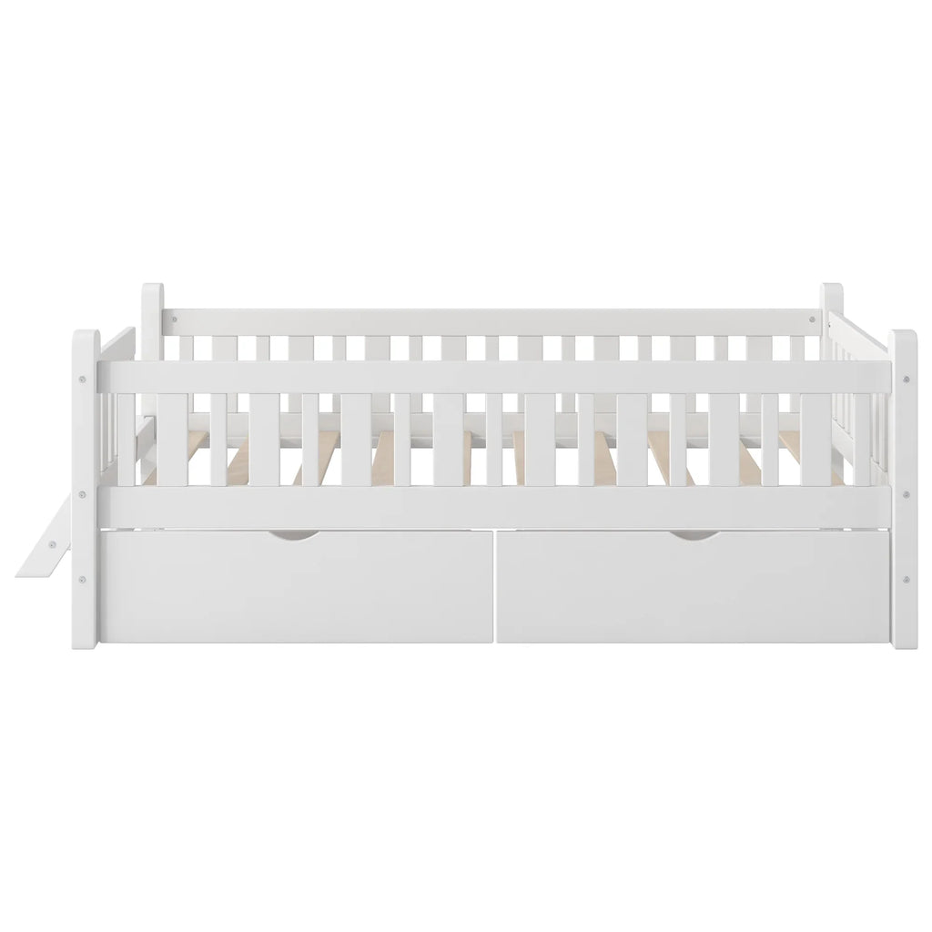 2026 NewEuroco Wood Twin Size Platform Bed with 2 Drawers and Ladder for Kids and Toddlers, White