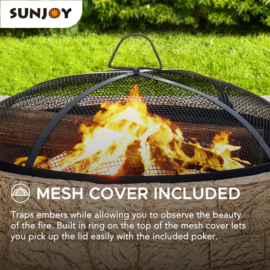 2026 NewSunjoy Stone Fire Pit 26 Inch, Outdoor Round Wood Burning Fire Pits with Spark Screen and Poker Grey