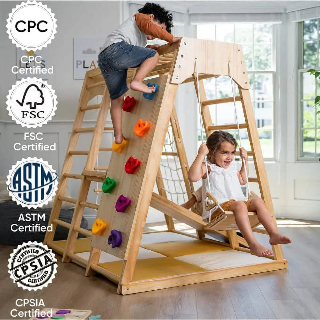 2026 NewAvenlur Indoor Toddler and Child Indoor Gym Playground Climber - Real Wooden Playset 6-in-1 Slide, Rock Climb Wall, Rope Wall Climbing, Monkey Bars, Swing, Ladder Fun Gym for Children