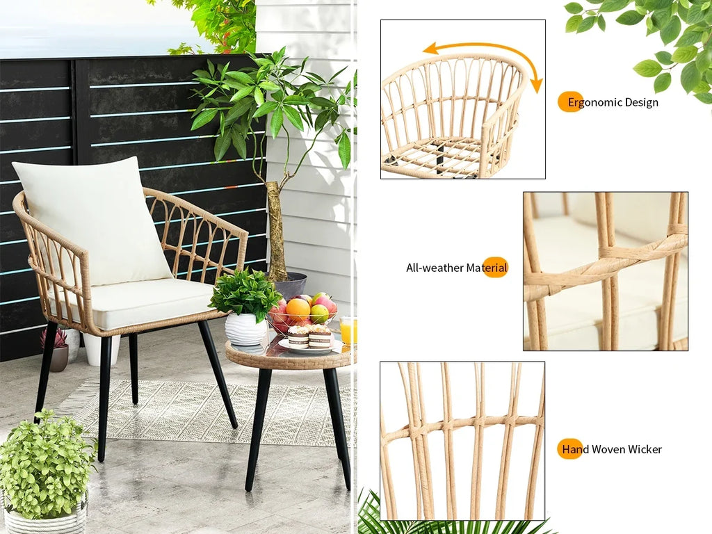 2026 NewFHFO 3 Piece Patio Bistro Set, Outdoor Wicker Apartment Balcony Furniture Sets, Rattan Table and Chairs Set of 2 for Porch Backyard Lawn Poolside Deck, Beige