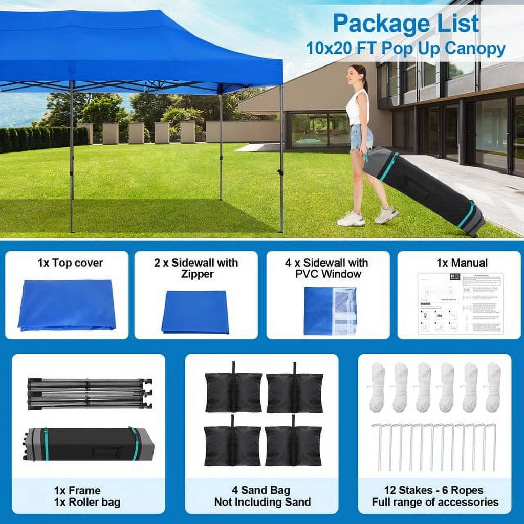 SANOPY 10'x20' Pop Up Canopy Waterproof Folding Tent Outdoor Easy Set-up Instant Tent Heavy Duty Commercial Wedding Party Shelter with 6 Removable Sidewalls, 4 Sandbags, Roller Bag, Black