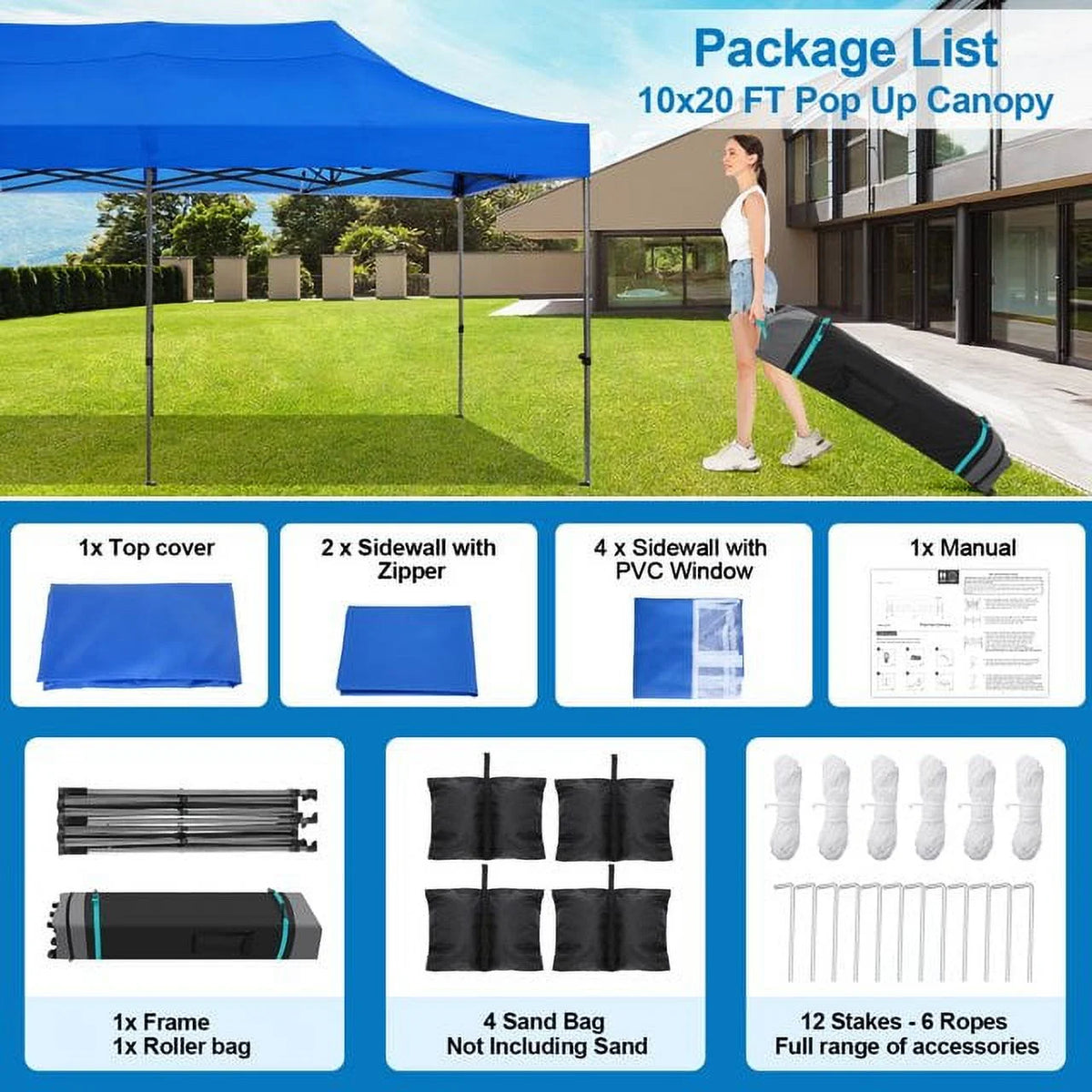 SANOPY 10'x20' Pop Up Canopy Waterproof Folding Tent Outdoor Easy Set-up Instant Tent Heavy Duty Commercial Wedding Party Shelter with 6 Removable Sidewalls, 4 Sandbags, Roller Bag, Black
