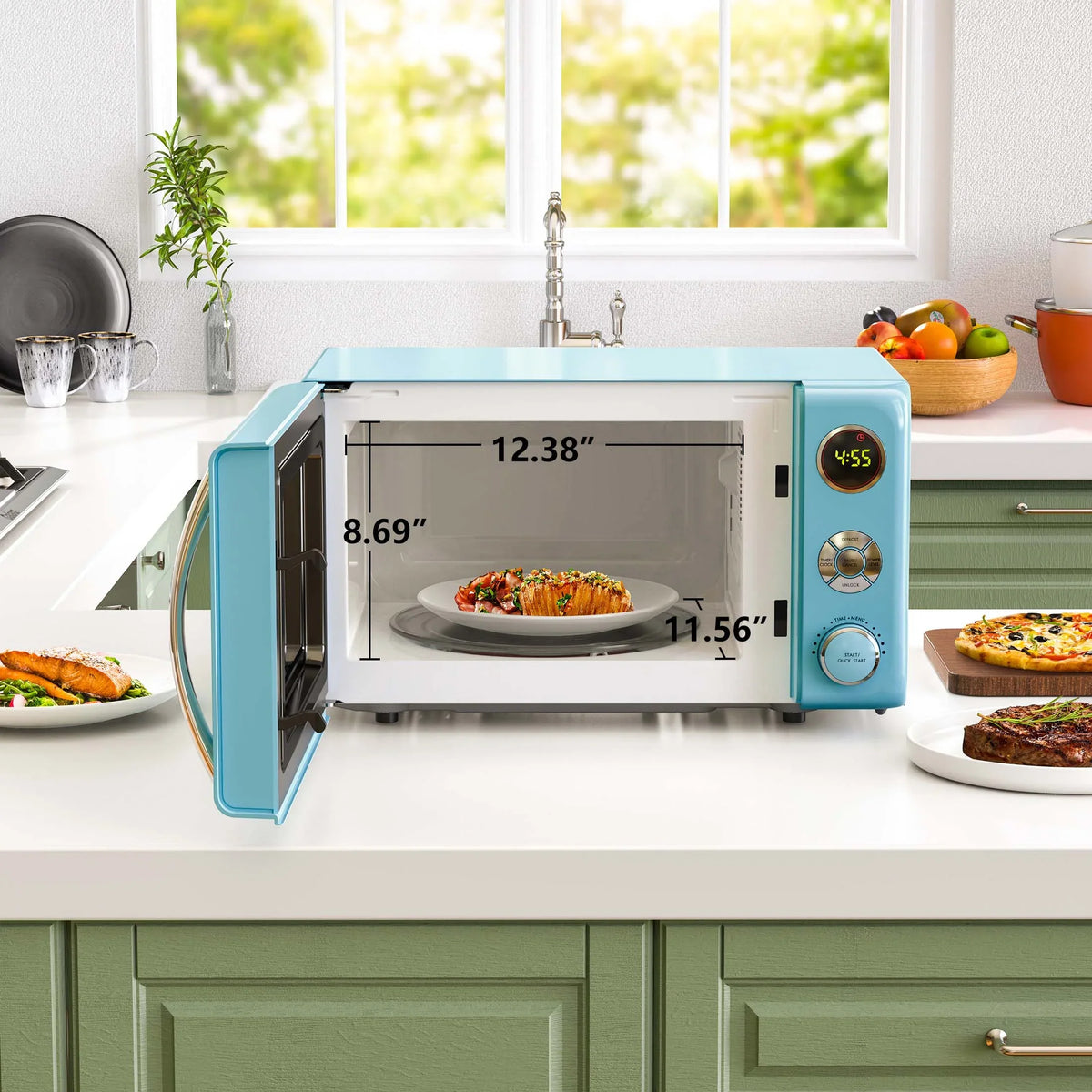 2026 NewGalanz 0.7 Cu ft Retro Countertop Microwave Oven, 700 Watts, Blue, New