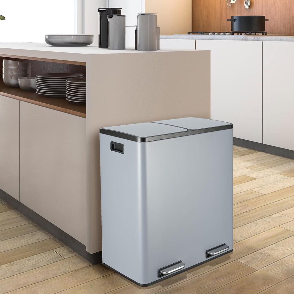 2026 NewLAZY BUDDY Dual Garbage Can, Stainless Steel 16 Gallon Step Kitchen Trash Can with Soft-Close Lid, Double Compartment Garbage Recycling Bin