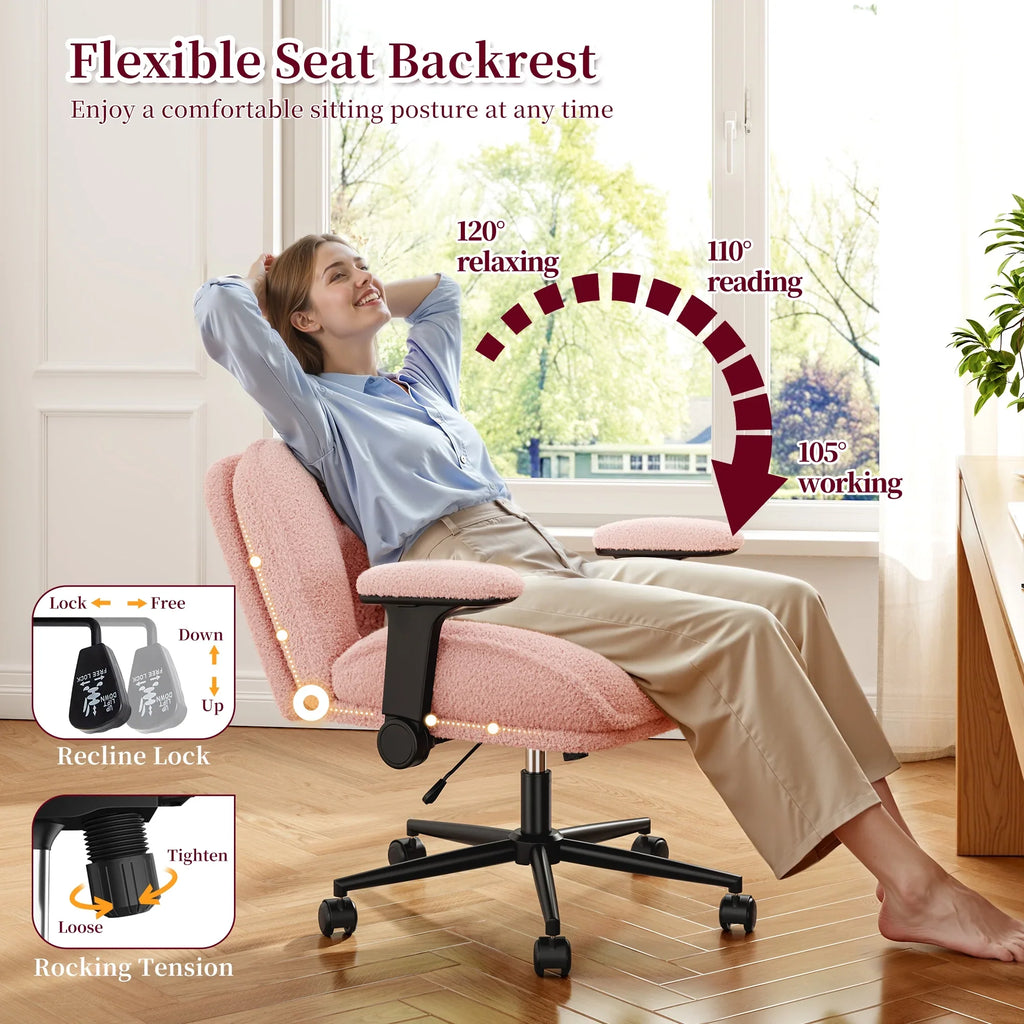 2026 NewRomorgniz Criss Cross Chair with Adjustable Arms & Lumbar Support Office Chair with Reclining Back, Thick Cushion & Wheels for Office, Gaming, Reading, Vanity, Off-White