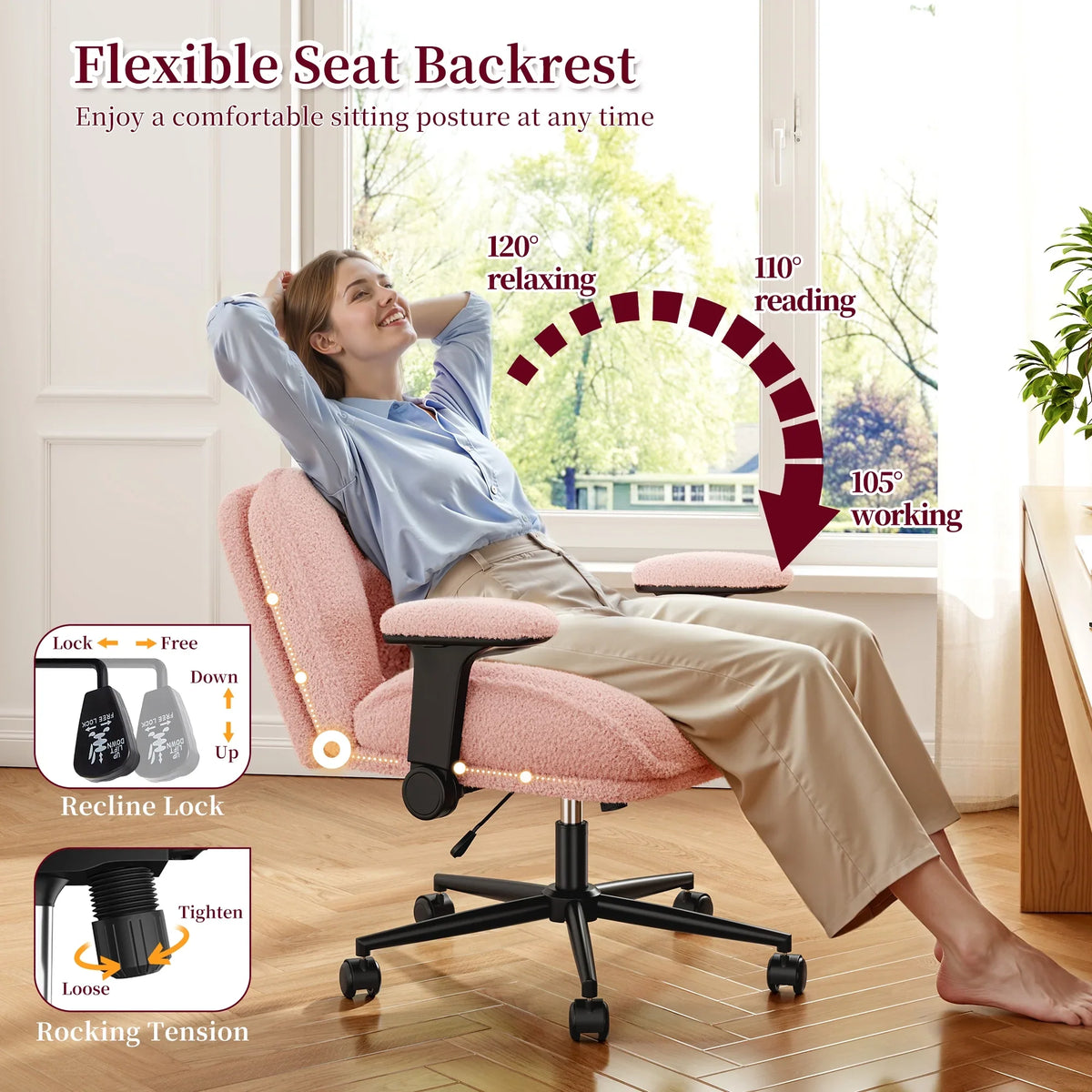 2026 NewRomorgniz Criss Cross Chair with Adjustable Arms & Lumbar Support Office Chair with Reclining Back, Thick Cushion & Wheels for Office, Gaming, Reading, Vanity, Off-White