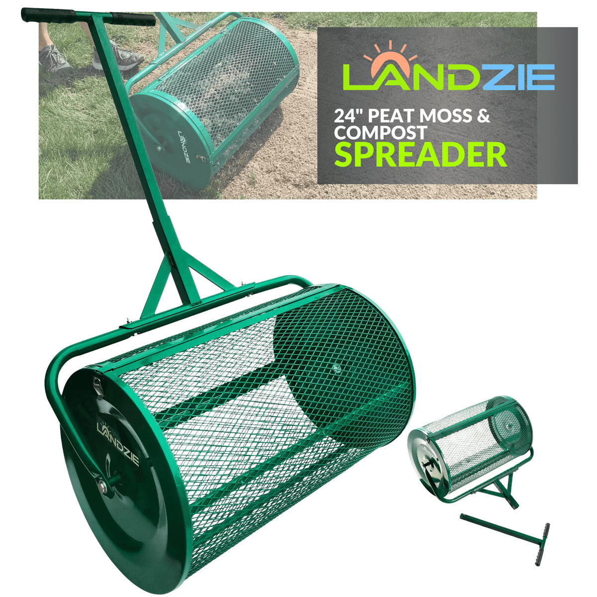 2026 NewLandzie Compost Spreader 24 Inch Walk-Behind Lawn & Garden Spreader with Metal Mesh Basket