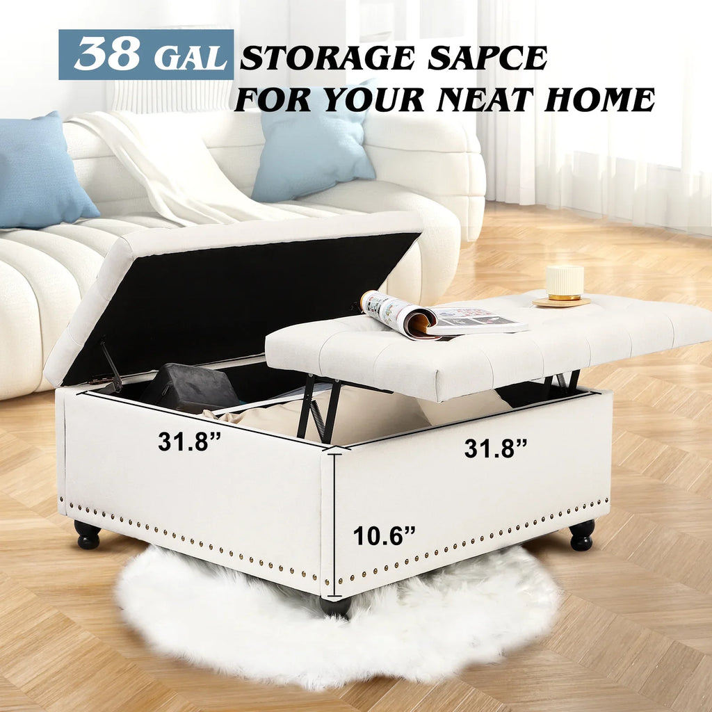 2026 NewMagic Union 35" Large Square Storage Ottoman, Oversized Square Ottoman with Storage, Tufted Upholstered Ottoman Coffee Table with Lift Top for Living Room (Beige)