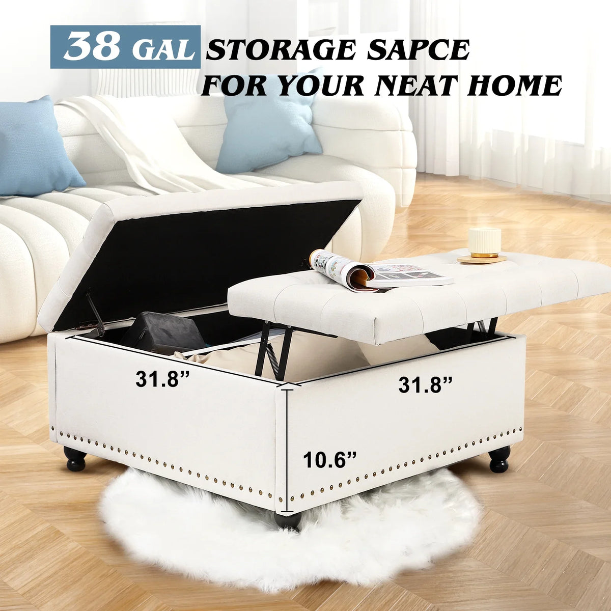 2026 NewMagic Union 35" Large Square Storage Ottoman, Oversized Square Ottoman with Storage, Tufted Upholstered Ottoman Coffee Table with Lift Top for Living Room (Beige)