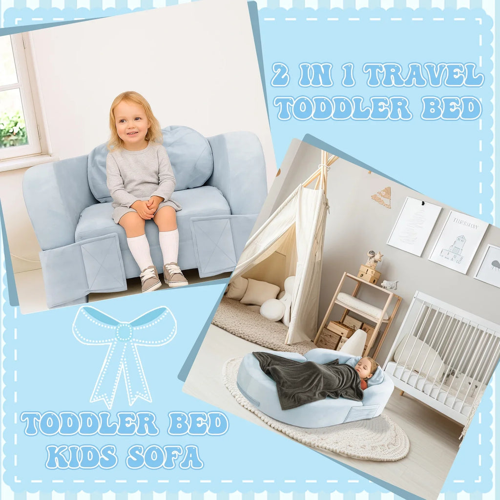 2026 NewCoumy Toddler Travel Bed 2-in-1 Kids Sofa Chair with Removable Cover, Soft Foam Portable Foldable Toddler Bed for Travel with Carrying Bag, Blue
