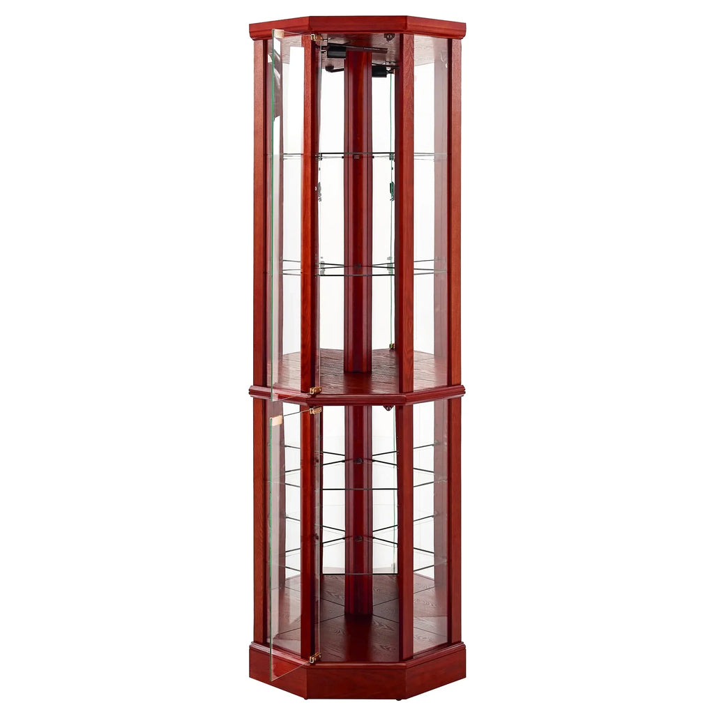 2026 NewWalnut Cabinet With 6 Shelves, Adjustable Glass & Mirrored Back Design Shelf Lighted Corner Curio Shelves In