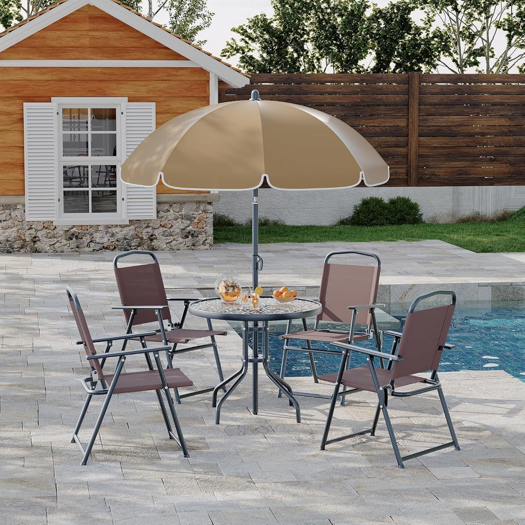 2026 New6 Pieces Outdoor Dining Set With Umbrella, Patio Table and 4 Folding Chairs With Umbrella, Garden Patio Furniture Set With Umbrellas, Tempered Glass Top Dining Table