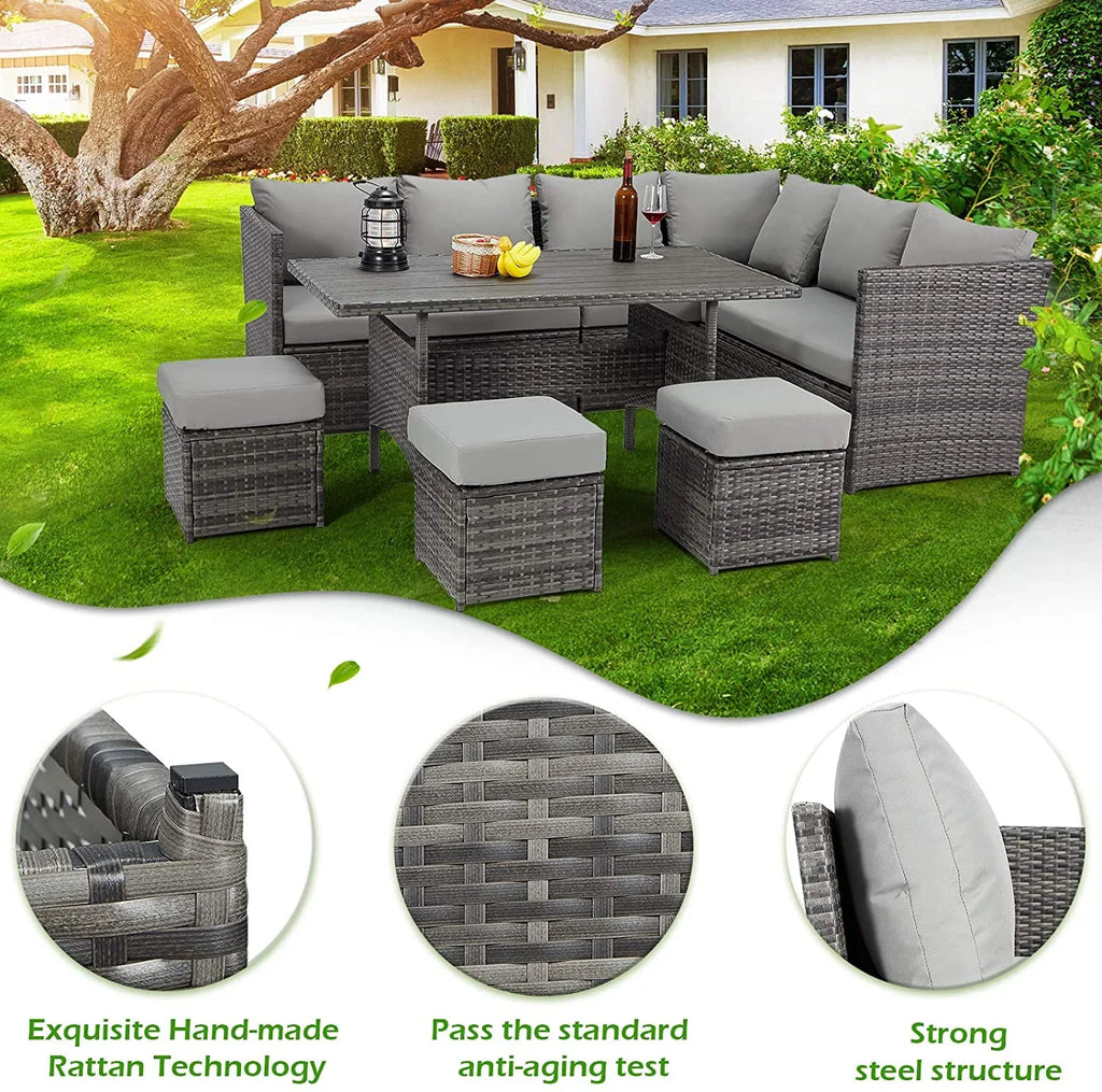 2026 NewAECOJOY 7 Piece Patio Furniture Set PE Rattan Outdoor Dining Set Sectional Sofa Couch with Table Patio Conversation Set in Gray