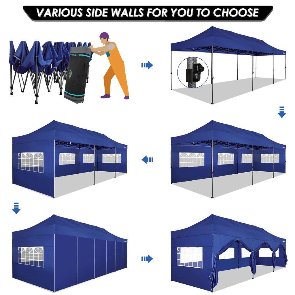 COBIZI 10x20 Heavy Duty Pop up Canopy Tent with 6 sidewalls Easy Up Commercial Outdoor Canopy Wedding Party Tent for Beach All Season Wind & Waterproof Gazebo with Roller Bag,Black(Frame Thickened)