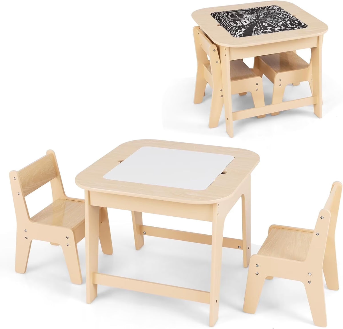 2026 NewOLAKIDS Kids Table and Chair Set, 3 in 1 Wooden Activity Table with Removable Tabletop, Blackboard and Whiteboard for Toddlers Arts Crafts Drawing Reading Playing, Playroom Nursery (Natural)