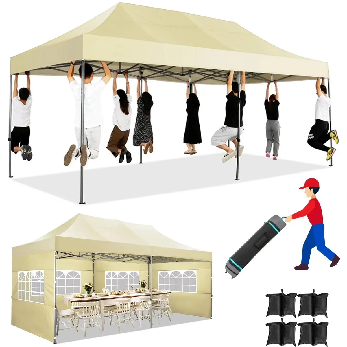 COBIZI 10x20 Heavy Duty Pop up Canopy Tent with 6 sidewalls Easy Up Commercial Outdoor Canopy Wedding Party Tent for Beach All Season Wind & Waterproof Gazebo with Roller Bag,Black(Frame Thickened)