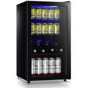 2026 NewWANAI Compact Beverage Refrigerator, 100 Can Capacity, Glass Door, Black Stainless Steel