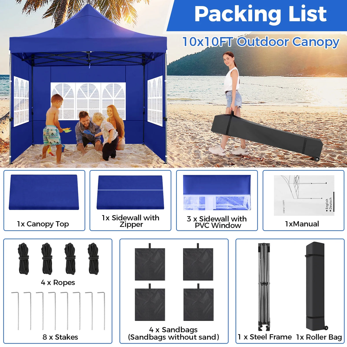 SANOPY 10'x20' Pop Up Canopy Waterproof Folding Tent Outdoor Easy Set-up Instant Tent Heavy Duty Commercial Wedding Party Shelter with 6 Removable Sidewalls, 4 Sandbags, Roller Bag, Black