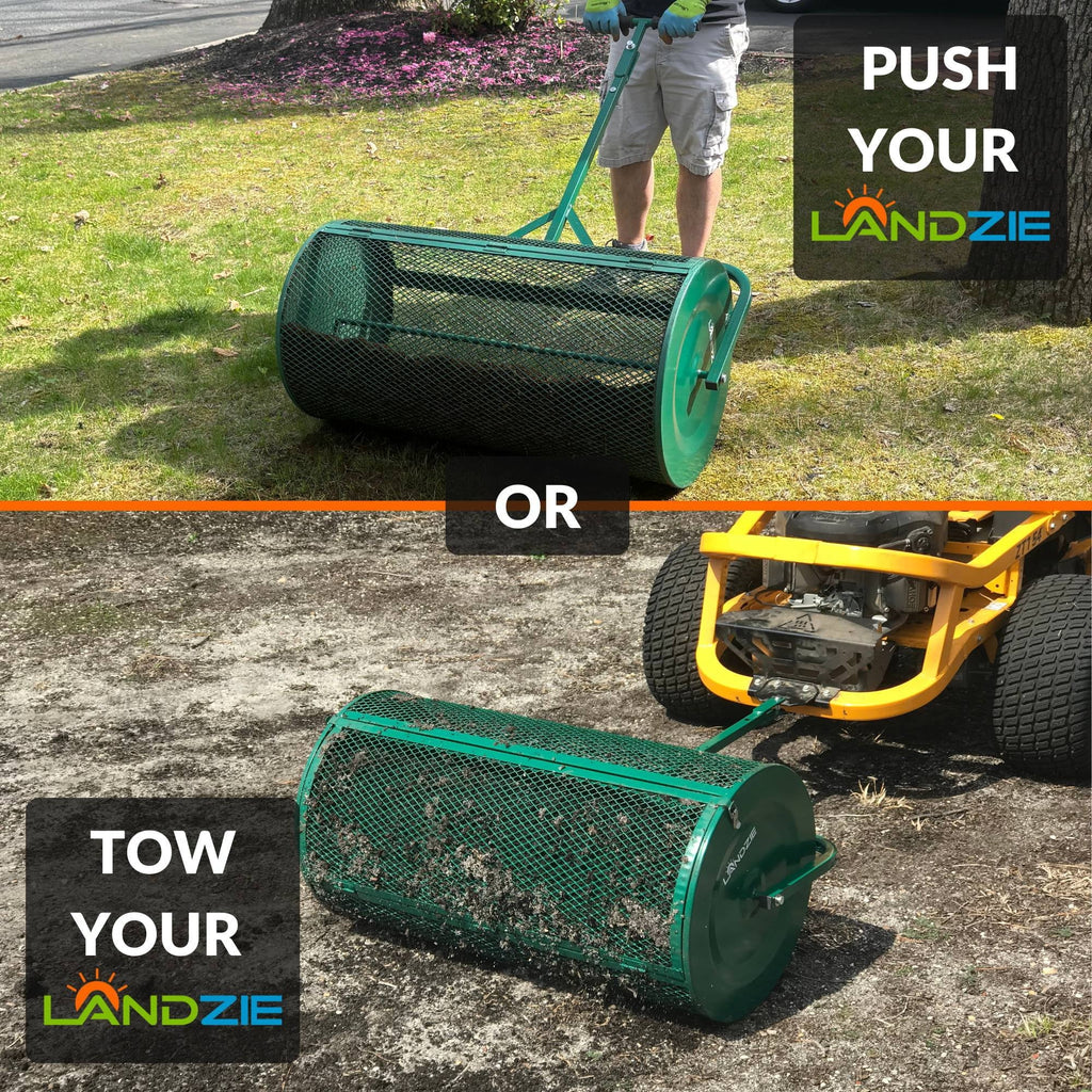 2026 NewLandzie Compost Spreader 24 Inch Walk-Behind Lawn & Garden Spreader with Metal Mesh Basket
