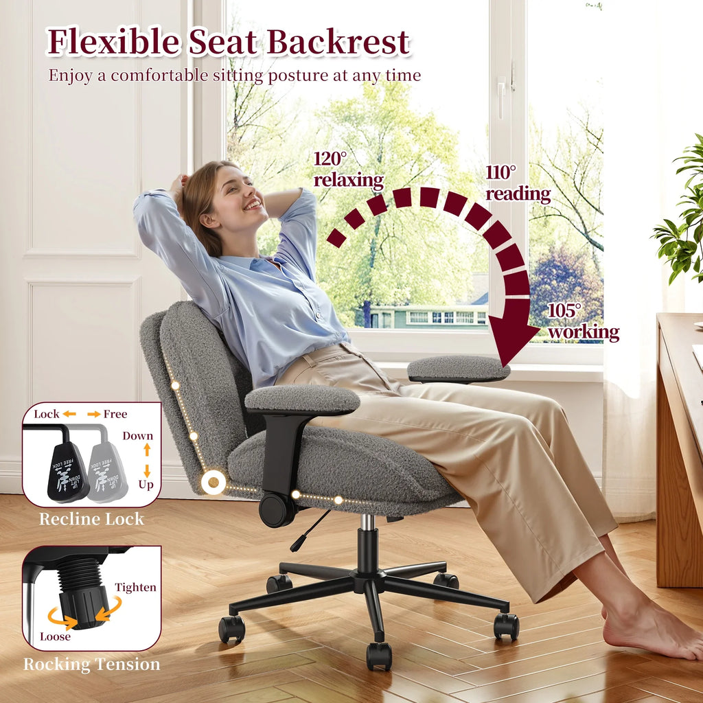2026 NewRomorgniz Criss Cross Chair with Adjustable Arms & Lumbar Support Office Chair with Reclining Back, Thick Cushion & Wheels for Office, Gaming, Reading, Vanity, Off-White