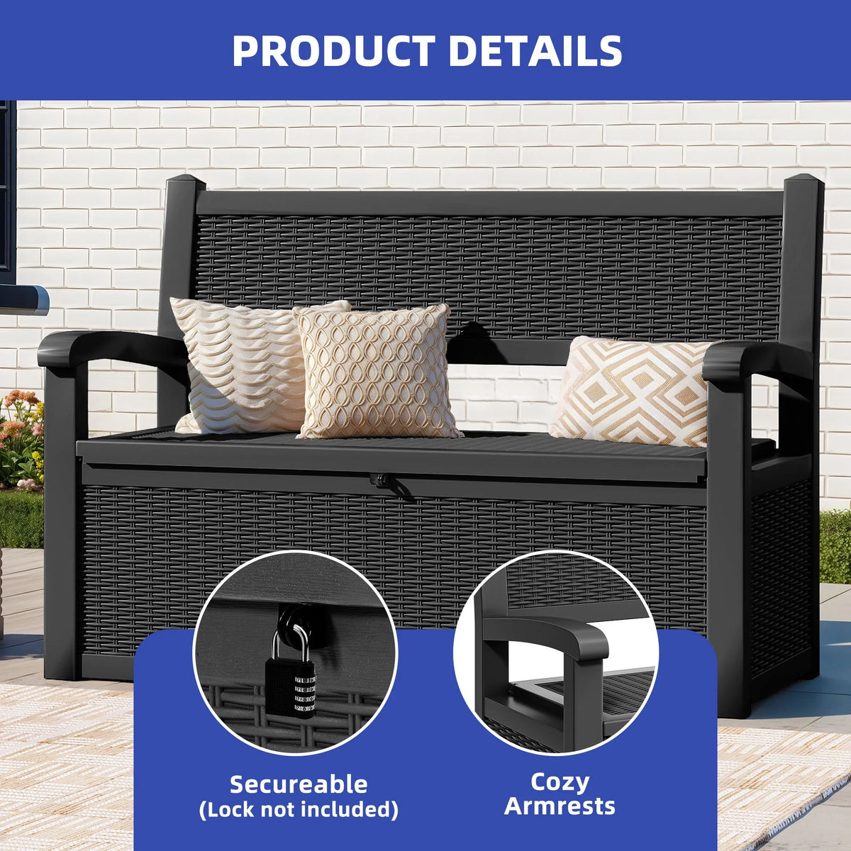 2026 NewModFusion 70-Gallon Outdoor Resin Storage Cabinet with Rattan Backrest – Waterproof Patio Bench Seat, 500 lbs Capacity, Black