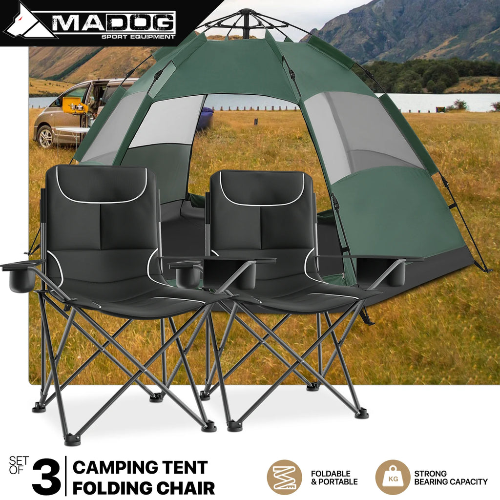 MADOG Set of 3 Camping Tent + Chairs, 4 Person Dome Tent and 2 Foldable Camping Chairs Combo with Cooler Bag and Cup Holder for Backpacking Hiking Traveling, Blue