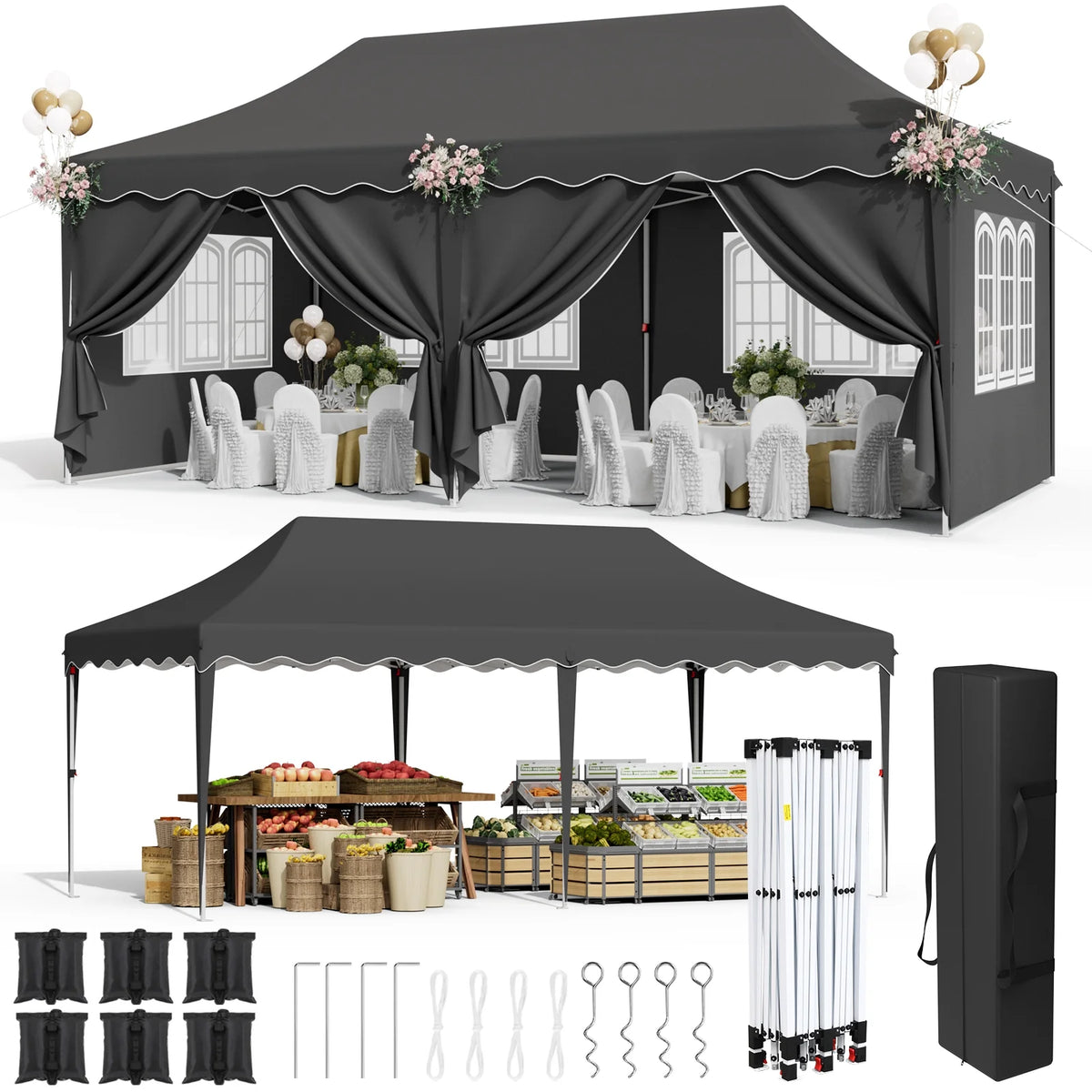 LAZY BUDDY 10'x20' Pop up Canopy Tent with 6 Sidewalls, Heavy Duty Outdoor Canopy Tent Commercial Instant Folding Sun Shelter for Party, Wedding, Camping