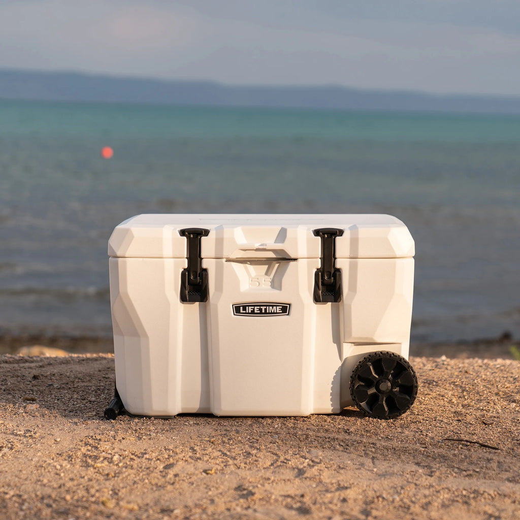Lifetime 55 qt Bear-Resistant Camping Cooler Wheeled, Premium High Performance, Ice Retention, Hard Cooler, 60 Can Capacity, White (91072)