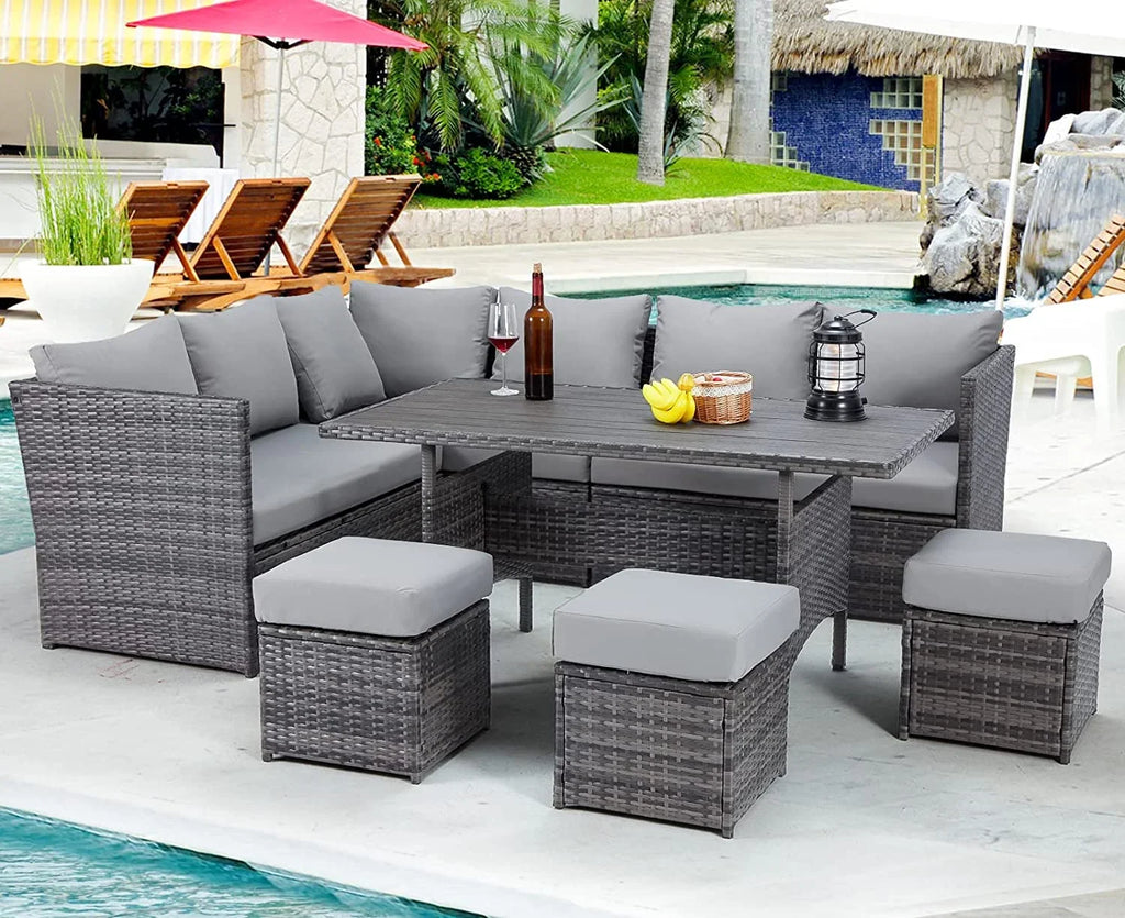 2026 NewAECOJOY 7 Piece Patio Furniture Set PE Rattan Outdoor Dining Set Sectional Sofa Couch with Table Patio Conversation Set in Gray