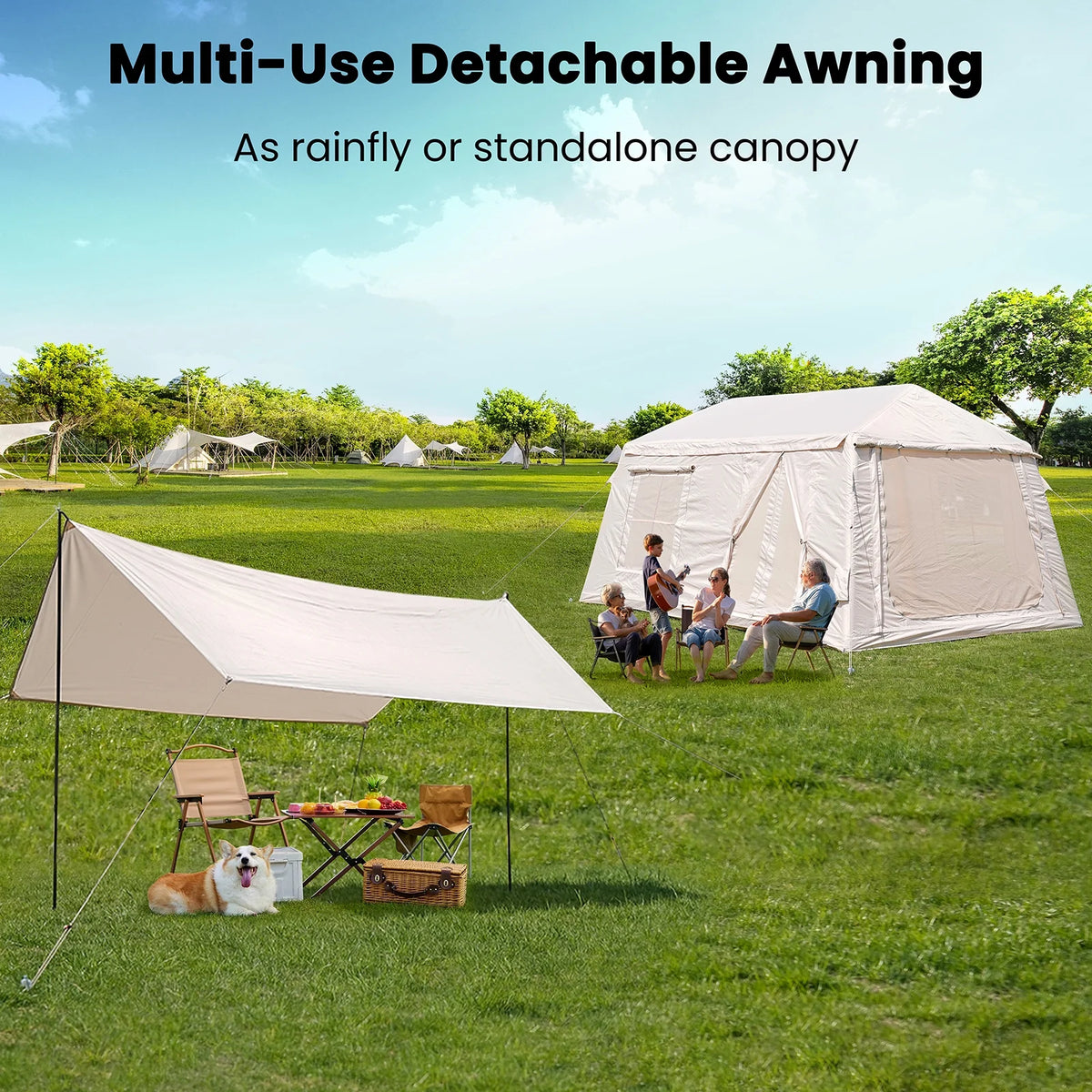 Slsy 4-6 Person Inflatable Camping Tents with Hand Pump & Carry Bag, Air Glamping Tents, Easy Setup Waterproof Windproof Blow up Tent, 4 Seasons Oxford Cabin Tent with Mesh & Chimney Window